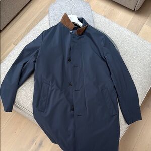 Lori Piana Men's Navy Blue Rain Coat with Brown Collar